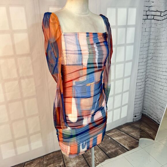 Princess poly multicolored long sleeve ruched body con mini dress size 4 - Picture 6 of 15